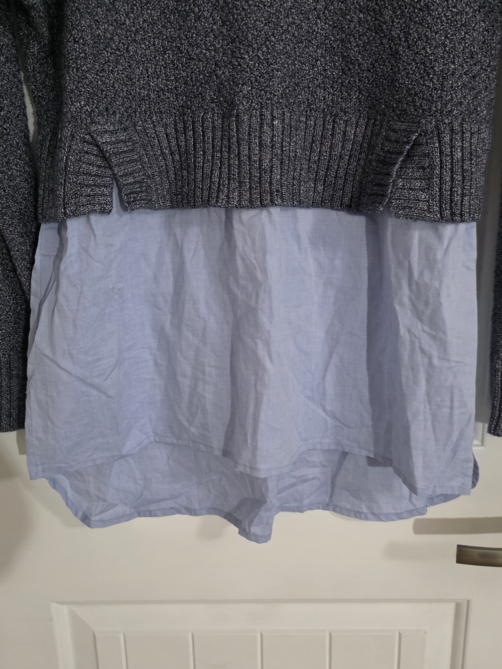 Banana Republic Layered Sweater Shirt | Gray Knit Pullover with Blue Hem | Med - Picture 7 of 11